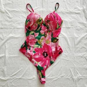 Blashe Pink Green Floral Print Wire Padded Bra Adjustable Bodysuit Women's Sz S